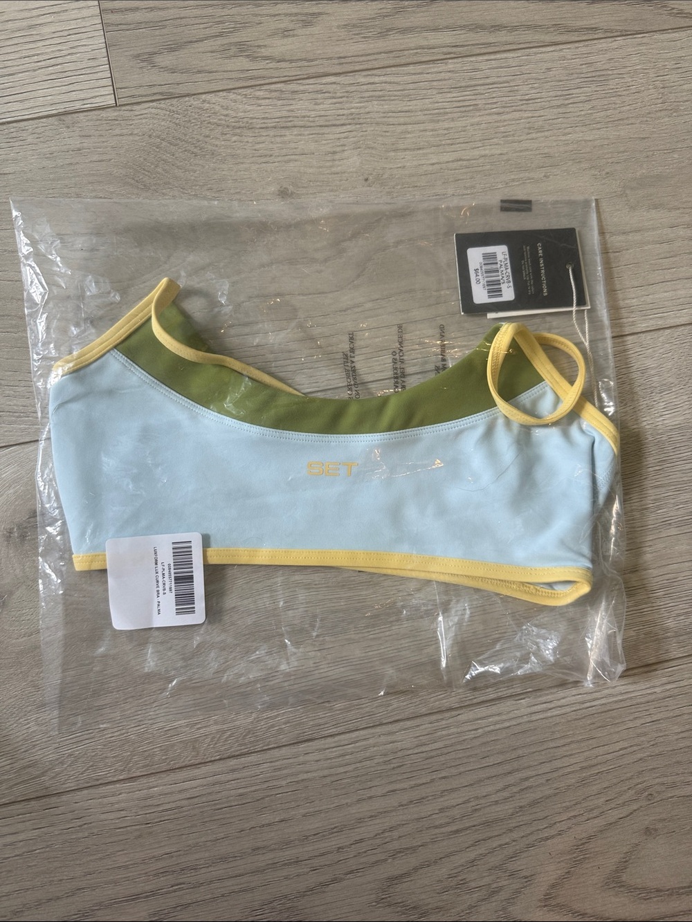 SET Active Pastel Blue & Olive Sports Bra with Yellow Trim